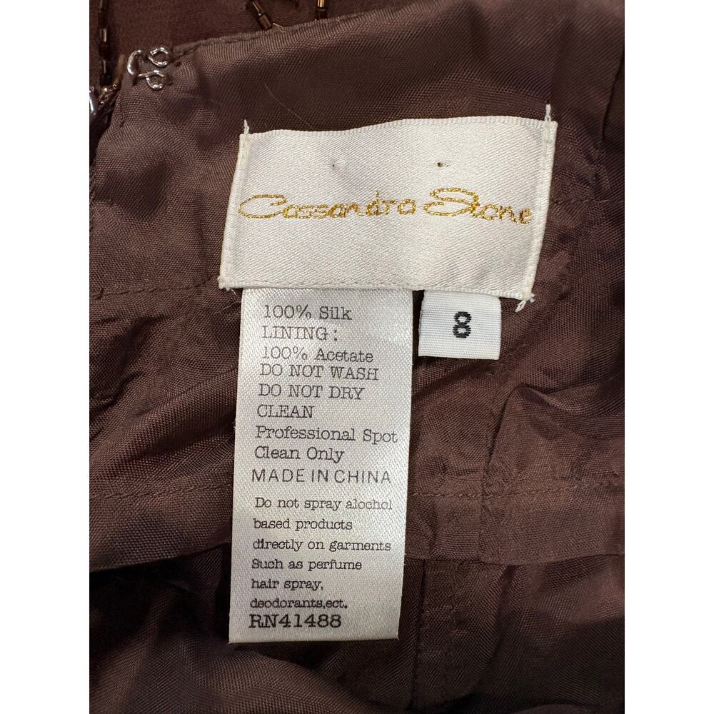 Cassandra Stone Brown 100% Silk Floral Beaded Halter Formal Prom Dress Womens 8 - Picture 5 of 11